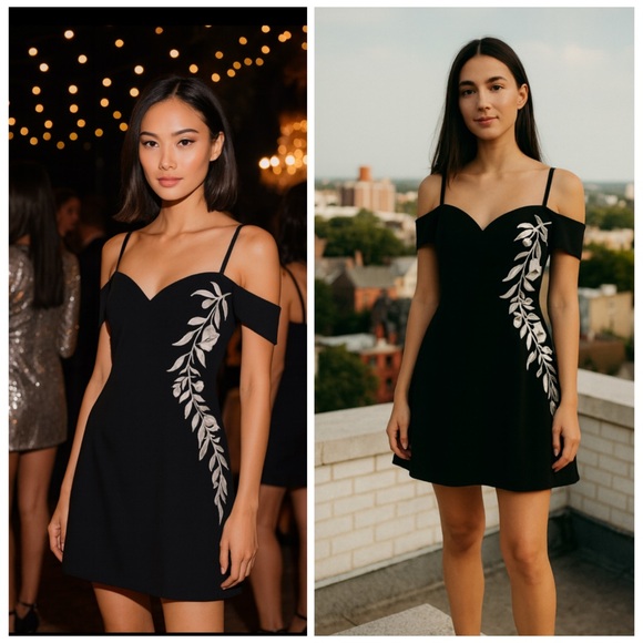 cinq a sept Dresses & Skirts - Cinq à Sept Black Floral Embroidered Cold Shoulder Mini Dress Size 6